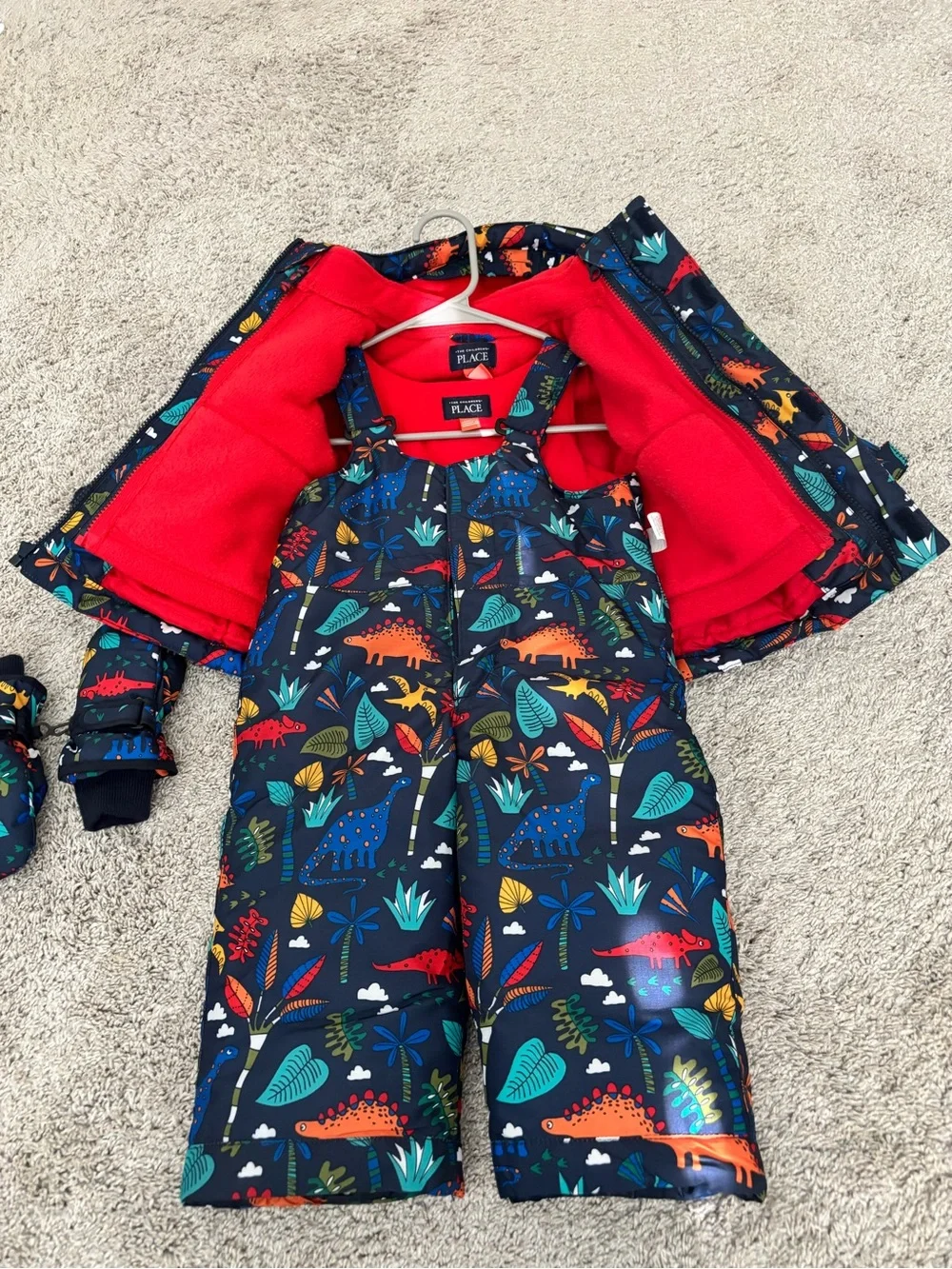 The Children's Place Navy Dino-Print Snow Bib with Red Fleece - Picture 2 of 7